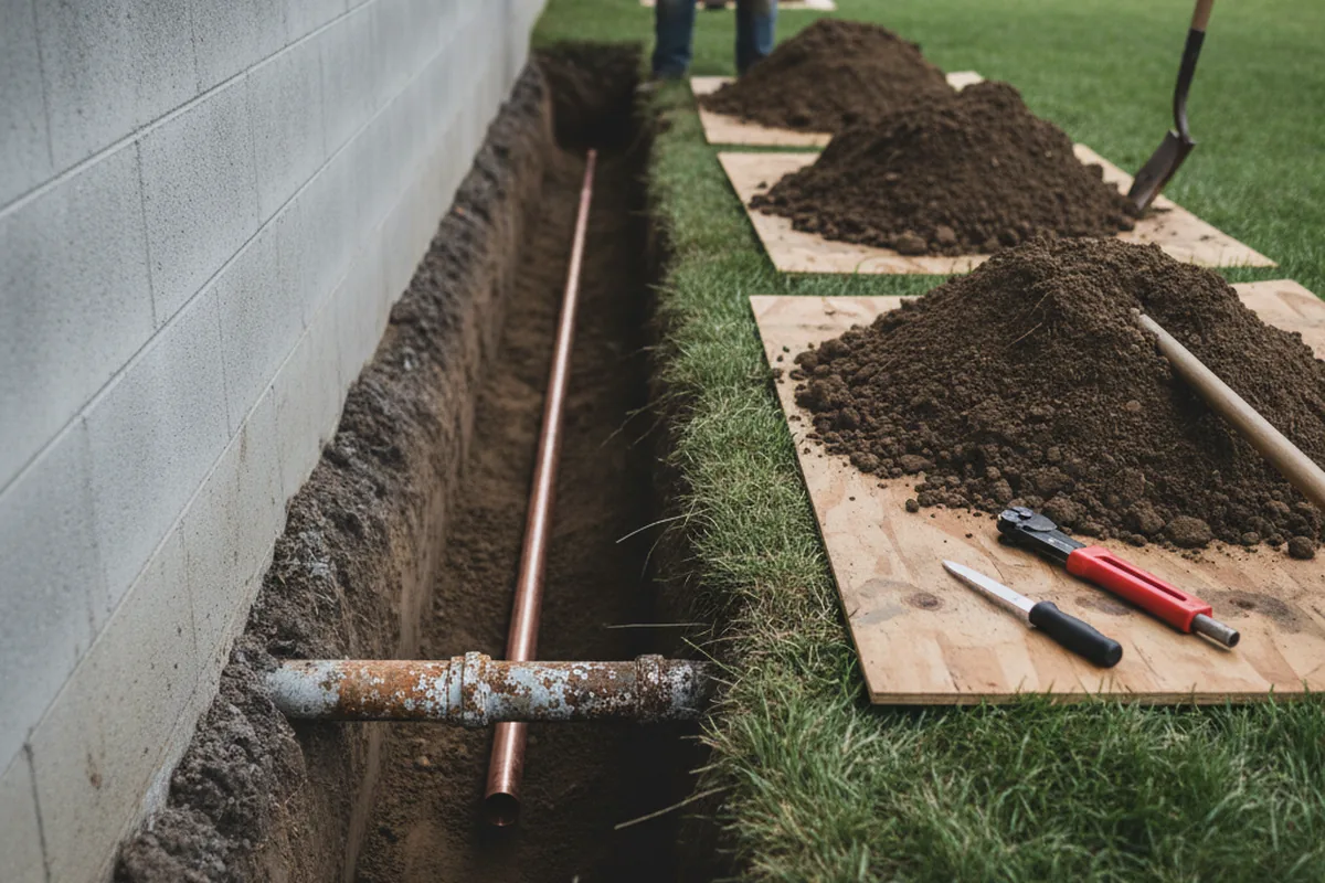 Excavated water line trench during Sewer Line Repair in Oak City